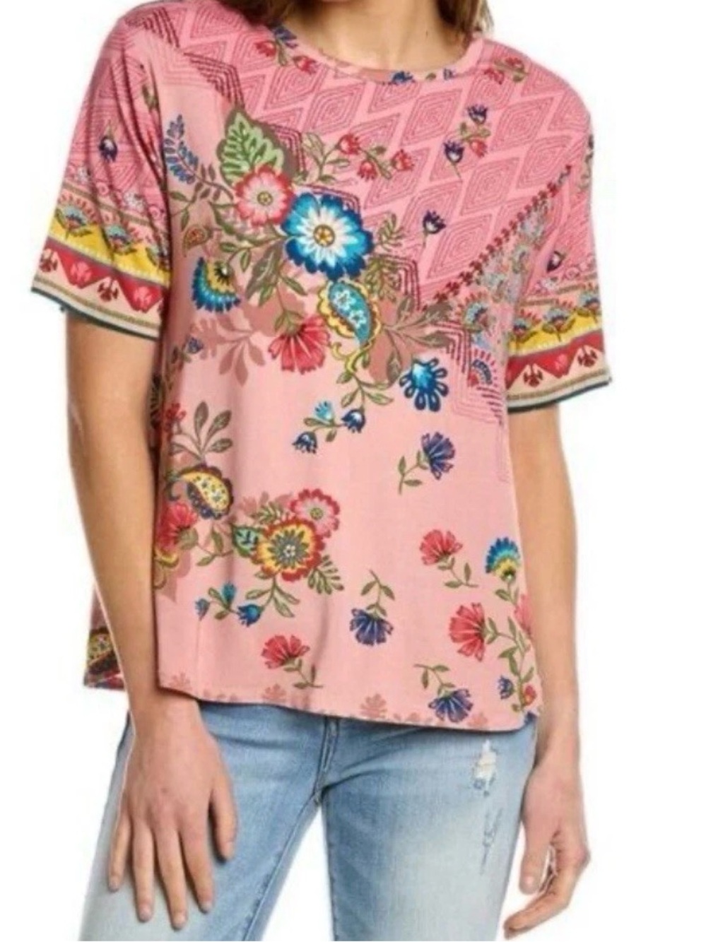 Johnny Was Boho Floral Short Sleeve Top - Pink Small Med